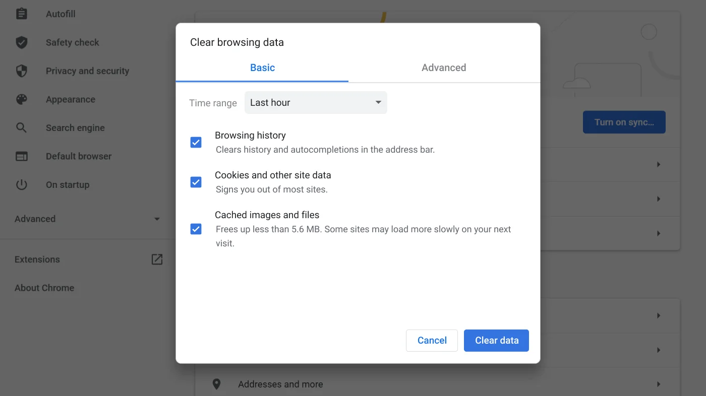 Chrome browser settings window showing the Clear browsing data options menu.